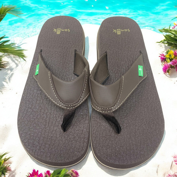 Sanuk Beer Cozy Flip Flops Thongs Brown Yoga Mat Men's Sz 8 EU 41 Beach Pool - Picture 1 of 6